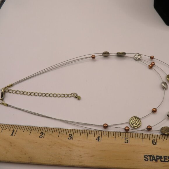 Floating Wire Gold Silver Tone Hammered Discs and Beads Necklace - Picture 6 of 6